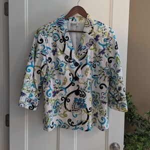 Dress Barn White Floral Paisley Blazer with Teal, Lime & Black Accents. Sz 14/16